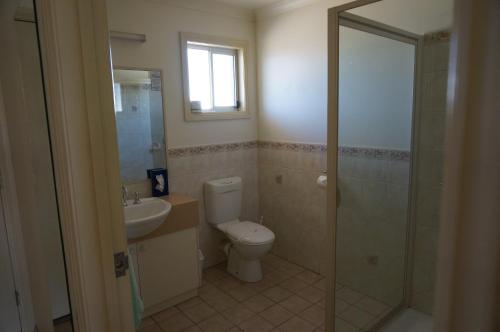 a bathroom with a toilet and a sink and a shower at Mid City Plantation Motel in Mildura
