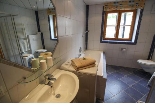 a bathroom with a sink and a tub and a mirror at Appartement Berglerhof in Filzmoos