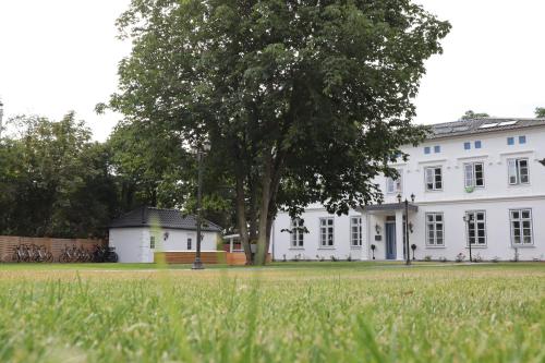 a white house with a tree in front of it at Gasthaus am Henriettenhof in Grömitz
