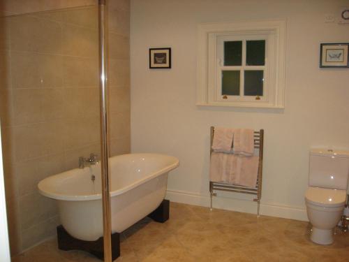 a bathroom with a bath tub and a toilet at Castle View Cottage in Irvinestown