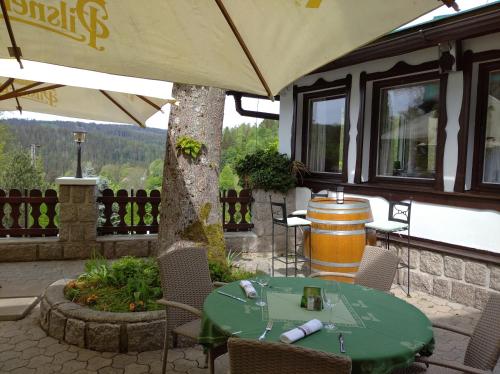a table and chairs under an umbrella on a patio at Hotel v Nebi in Josefuv dul