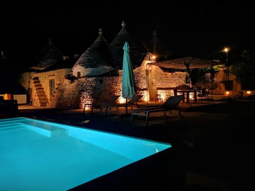 Una piscina frente a un edificio por la noche. en Borgo Sardedda Suites, en Locorotondo