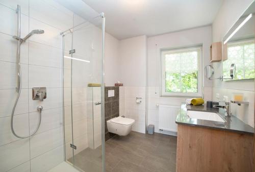 uma casa de banho com um chuveiro, um WC e um lavatório. em Ferienhaus Kur & Golf em Bad Windsheim