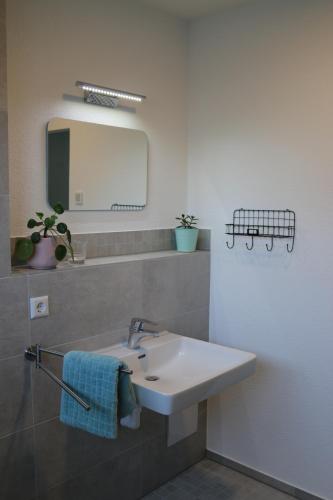een badkamer met een witte wastafel en een spiegel bij Haus am Wasserturm Gästezimmer in Schorndorf-Schlichten in Schorndorf