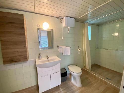 a bathroom with a sink and a toilet at Roselio Garden in Hévíz