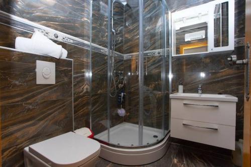 a bathroom with a shower and a toilet and a sink at Apartments Vladimir #3 in Makarska