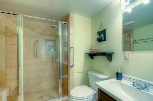 a bathroom with a shower and a toilet and a sink at Amazing Grace in McHenry