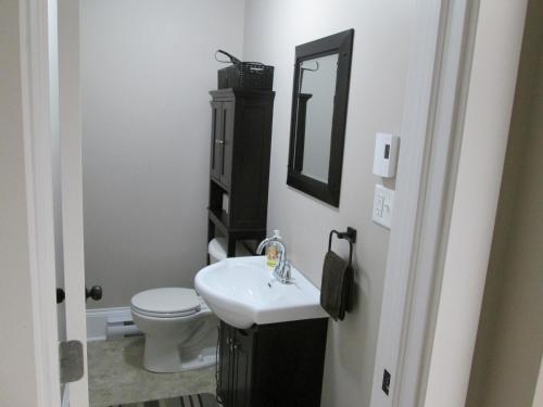 Executive Suites Bathurst في باثورست: حمام مع حوض ومرحاض ومرآة