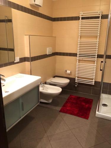 a bathroom with a sink and a toilet and a mirror at Appartamenti Viviani in Pinzolo