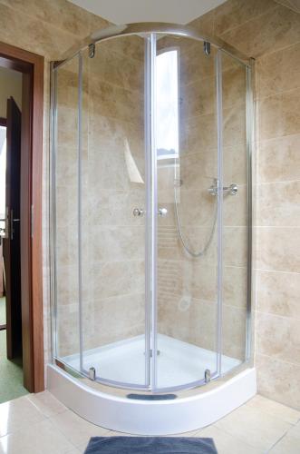 a shower with a glass enclosure in a bathroom at Penzión Na Kopečku in Súľov