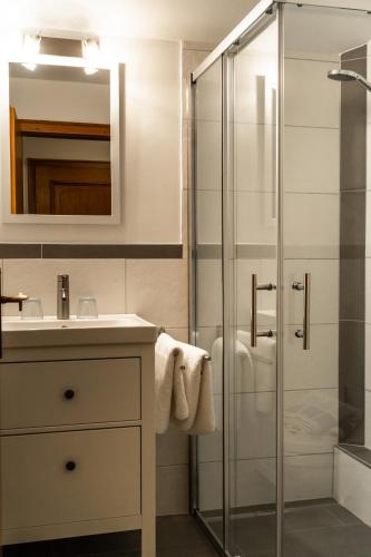 a bathroom with a glass shower and a sink at Faustlinghof in Saalfelden am Steinernen Meer