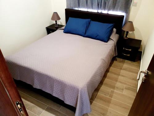 ein Schlafzimmer mit einem Bett mit blauen Kissen darauf in der Unterkunft 2 Bedroom Cozy Apartment near Tourist Area, 200m from sea in Paphos