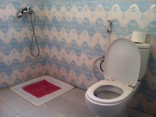 La salle de bains est pourvue de toilettes avec un couvercle. dans l'établissement Villa à Thiès avec piscine à 15mn de l'aéroport, à Thiès