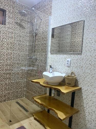 a bathroom with a sink and a shower at Rai pe Vale Boutique & Spa in Leordina