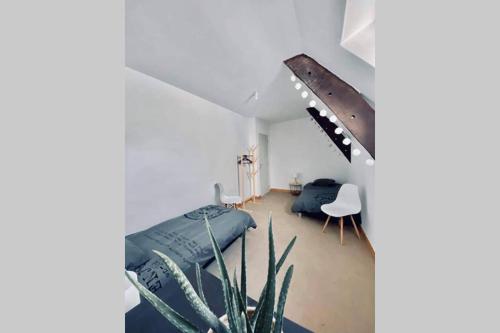 a room with a bed and a plant in it at Le Cosy B in La Gouesnière