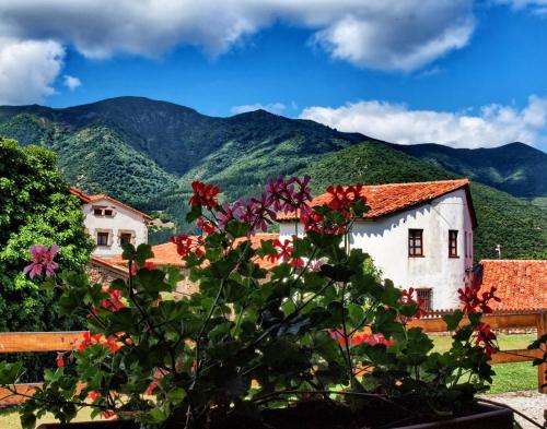 una casa con flores frente a una montaña en Casa Rural Los Llares, en Lerones