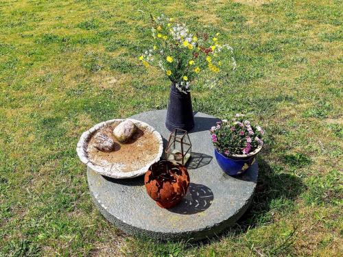une table avec un vase et des fleurs sur elle dans l'établissement 6 person holiday home in Sl inge, à Slöinge