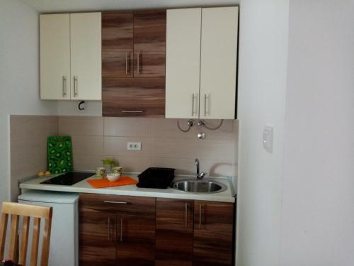 a kitchen with wooden cabinets and a sink at Apartman TAJNA Vrdnik in Vrdnik