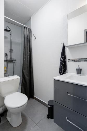 a bathroom with a white toilet and a sink at MyHome Basel RC44B in Saint-Louis