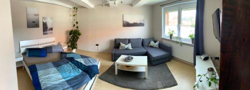 uma pequena sala de estar com um sofá e uma cama em Fachwerk FeWo Schoningen em Uslar