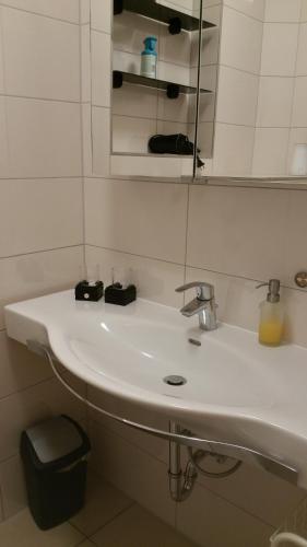 a bathroom with a white sink and a mirror at Fewo Am Kurpark in Boltenhagen