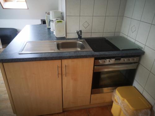 a kitchen with a sink and a stove at Ferienwohnungen und Ferienhaus im Nixenweg in Hohwacht
