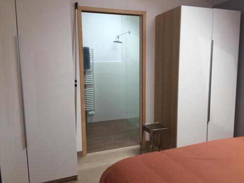 a bedroom with a shower with a glass door at La Longère du Salou in Landrévarzec