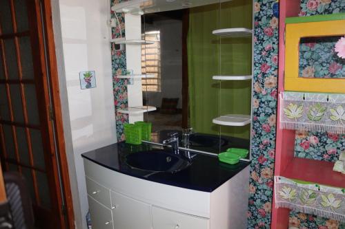 a bathroom with a sink and a mirror at Locat dépôt in Bouillante