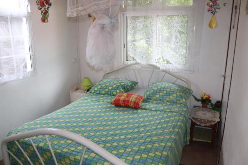 a bedroom with a bed with pillows and a window at Locat dépôt in Bouillante
