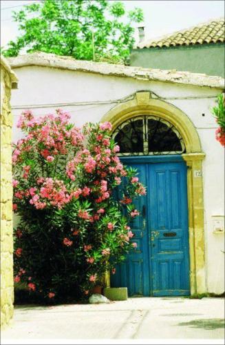 a blue door and a bush with pink flowers at 103 ELEGANT 2 bed apartment with free Wifi, AC, pool & gym! in Larnaka