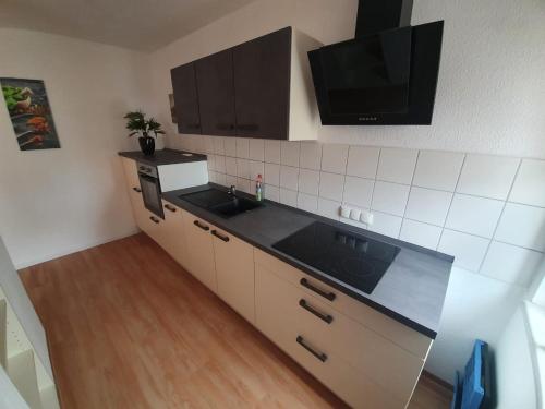 a kitchen with a sink and a tv on the wall at Anni's Waldblick in Burgstaedt