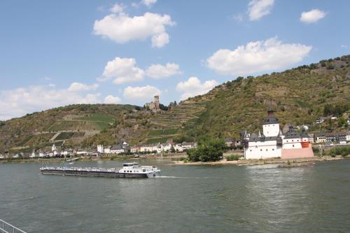 a boat in the water on a river with a hill at Ferienwohungen Arnold Boppard in Boppard