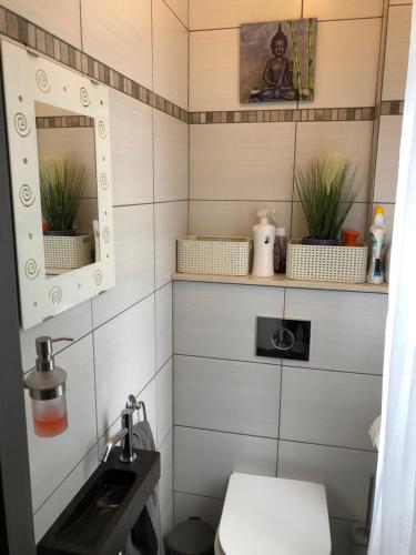 uma casa de banho com um WC, um lavatório e um espelho. em La conciergerie em Hotton