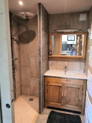 une salle de bain avec douche et lavabo dans l'établissement Gîtes Les Garianes, à Saint-Léger-les-Mélèzes