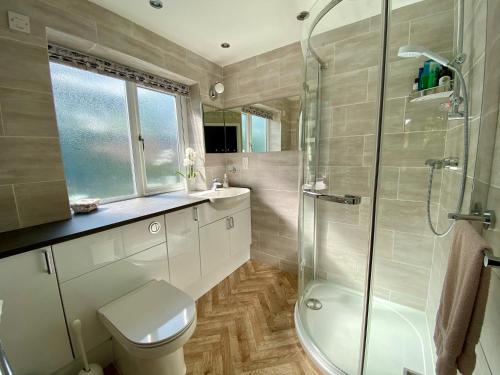 a bathroom with a shower and a toilet and a sink at Millbrook in Penistone