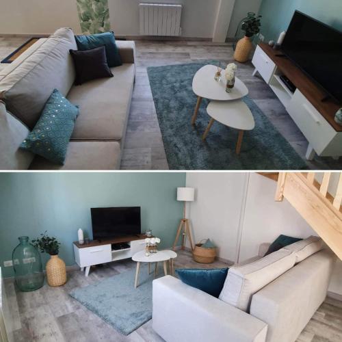 a living room with a couch and a table at Gite Le Minile in Béthencourt-sur-Mer