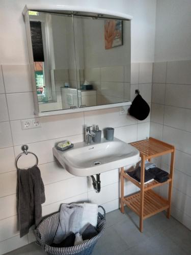 a bathroom with a sink and a mirror at Storchenhof in Wrestedt