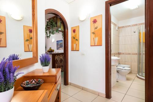 a bathroom with a toilet and a mirror at Great 'San Marino' Terrace and Pool in Los Cristianos