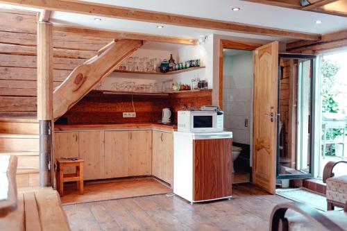 a kitchen with a counter with a microwave at Brīvdienu māja"Jauneglites" in Skulte