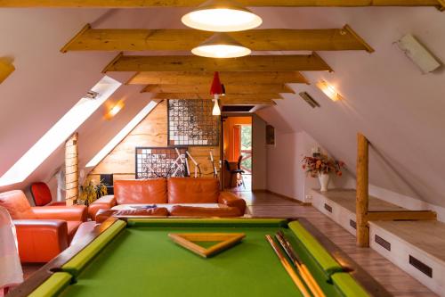 a pool table in a living room with an attic at Brīvdienu māja"Jauneglites" in Skulte