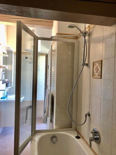 a bathroom with a bath tub with a shower at Appartamento Primiero San Martino di Castrozza in Fiera di Primiero