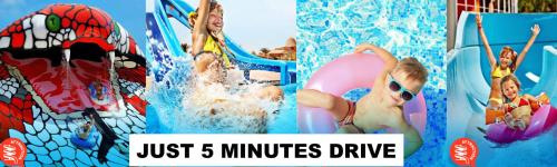 a collage of photos of people in a water park at Nesto Athens Airport in Spáta