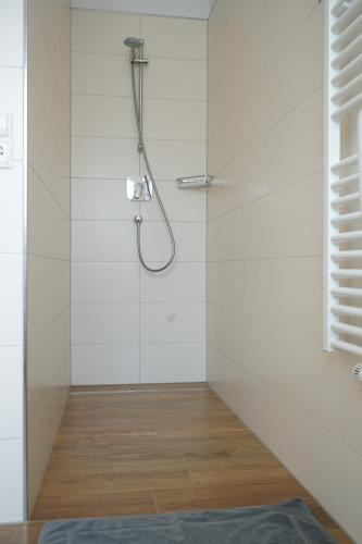 eine Dusche mit einer Glastür in einem Badezimmer in der Unterkunft Bergfink apartments in Flachau
