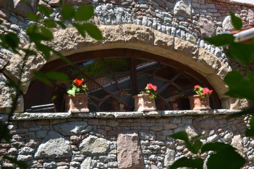 a window with flower pots on a stone wall at Nomad Hotel & Glamping in Noszvaj