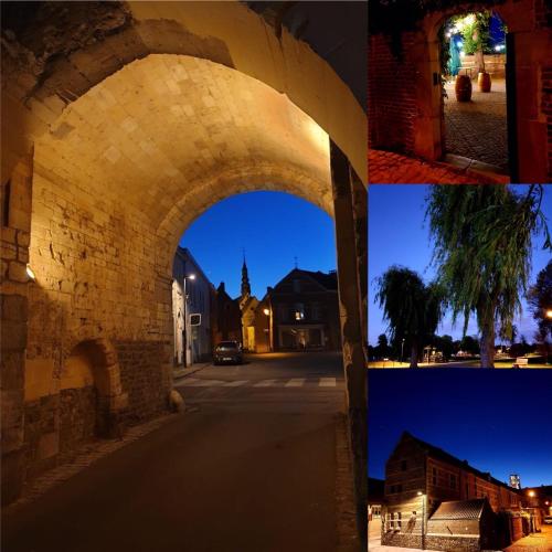 a collage of photos of an archway in a city at Le petit béguinage in Tongeren