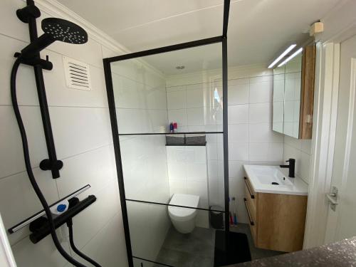 a small bathroom with a toilet and a sink at Uniek vakantiehuisje in rustige en groene omgeving in Nieuwe-Niedorp