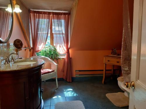 a bathroom with a sink and a toilet and a window at Gîte À l'Augustine in Quebec City