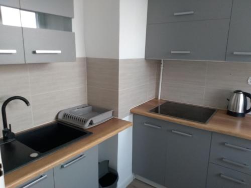 een keuken met grijze kasten en een wastafel bij Apartament Centrum in Radom