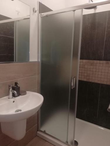 a shower with a glass door next to a sink at Agriturismo La Costa dei Trabocchi in Torino di Sangro