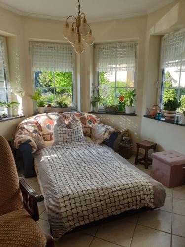 a bedroom with a bed and a couch and windows at Ferienwohnung Thönnes in Müden